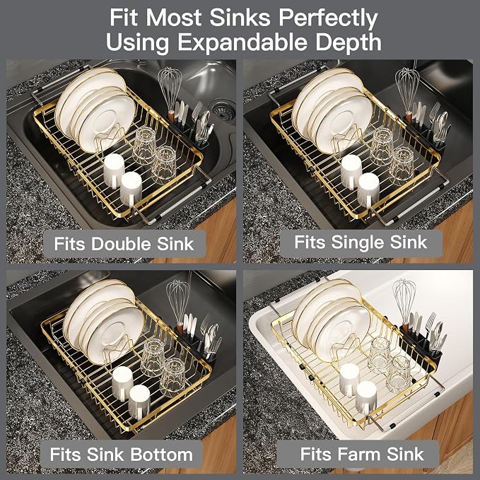 Gold Dish Drying Rack Over The Sink with Utensil Holder | Expandable Stainless Steel Dish Drainer for Small Kitchen, Apartment, RV, Counter Space Saving, Perfect Fit, Rustproof - Image 4