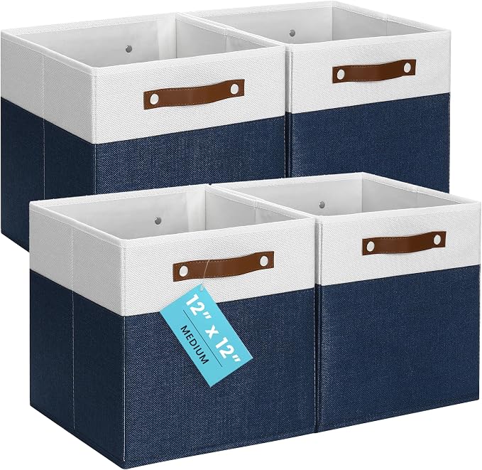 OrganiHaus 12x12 Cube Storage Bins, Set of 4 - Fabric Storage Cubes | Sturdy, holds its shape; odor-free; fits 12-inch cube shelves; vegan leather handles by OrganiHaus
