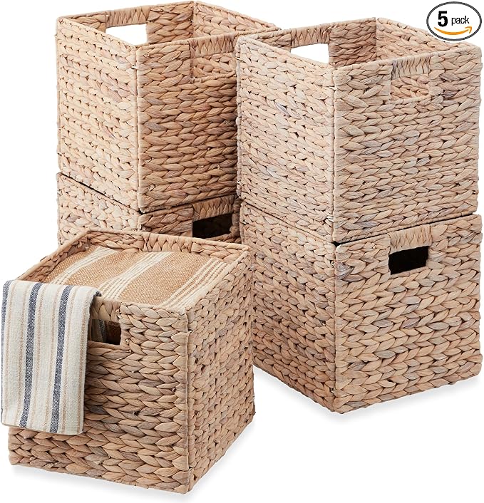 Best Choice Products 13x13in Pack of 5 Cube Storage Baskets, Water Hyacinth Multipurpose Collapsible Organizers, Handwoven Laundry Totes for Laundry, Living Room, Kids Room & Nursery - White by Unknown