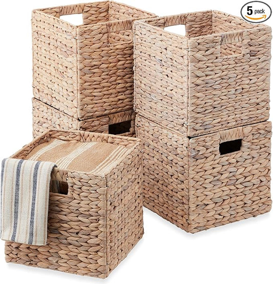 Best Choice Products 13x13in Pack of 5 Cube Storage Baskets, Water Hyacinth Multipurpose Collapsible Organizers, Handwoven Laundry Totes for Laundry, Living Room, Kids Room & Nursery - White by Unknown