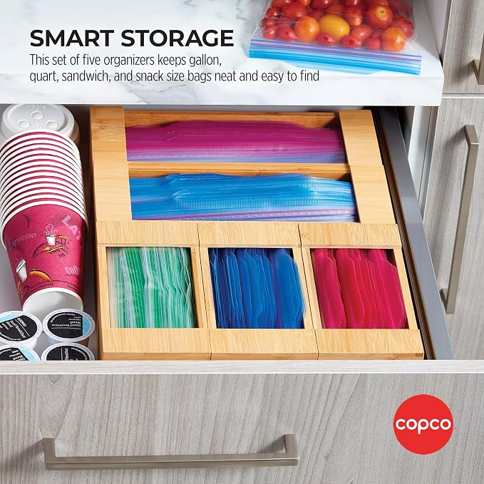 Copco Bamboo Bag Organizer Set of 5 with Labels - Kitchen Drawer Organizer for Gallon, Quart, Sandwich and Snack Size Storage Bags, 3 Small and 2 Large - Image 2