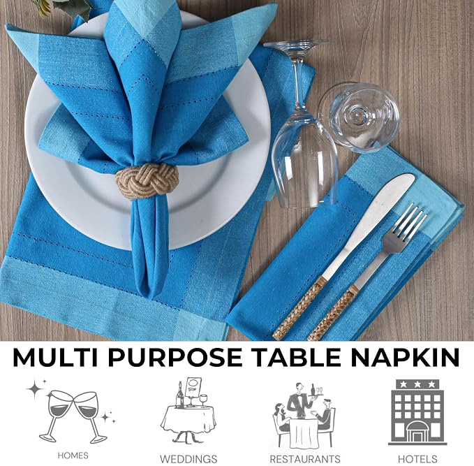 Bedding Craft Cotton Cloth Napkins Set of 12 – 20x20 Teal Blue Multi Double Hemstitched – Machine Washable Dinner Napkins for Weddings, Parties & Father’s Day Celebrations - Image 2