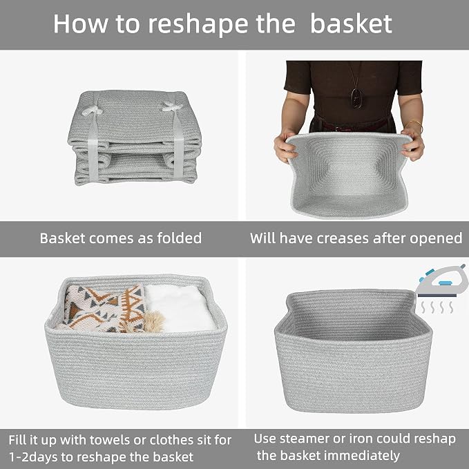 XUANGUO Woven Cotton Rope Storage Baskets 15x10x9.3" 3 Pack Grey | Decorative rectangular storage baskets for shelves and closets; storage bins organize clothes, toys, books and nursery items. - Image 7