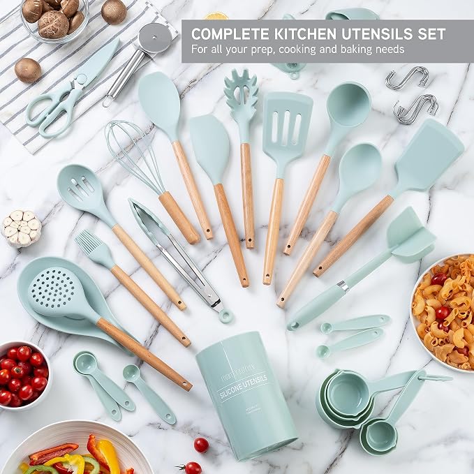 Country Kitchen Non Stick Silicone Utensil Set with Rounded Wood Handles for Cooking and Baking, 38 Piece Set, Mint - Image 3