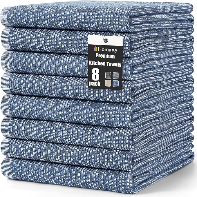 Homaxy 380 GSM Cotton Premium Kitchen Towels 8 Pack, 18"x 28", Navy Blue | Flat and Terry Dish Towels, Highly Absorbent Tea Towel Set with Hanging Loop, Soft Utility Kitchen Hand Towels by Homaxy