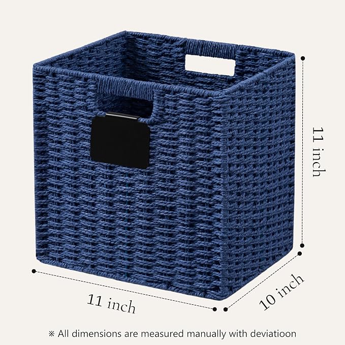 UBBCARE 2 Pack Wicker Basket, 10.5×10.5 Storage Cubes with Label, Foldable Cube Storage Bin with Handle, Square Storage Basket for Shelves, Woven Paper Rope Basket for Organizing, Blue - Image 2