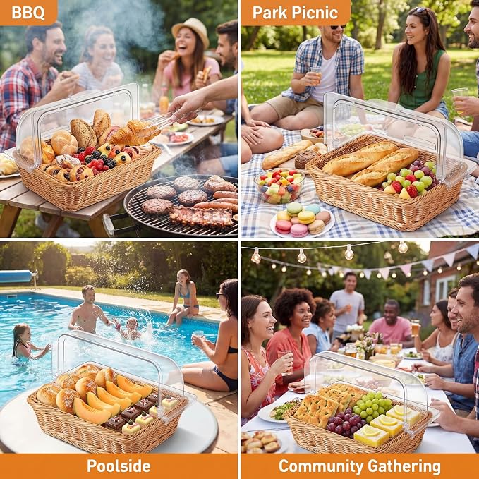 2 Set Wicker Bread Baskets for Serving with Clear Acrylic Roll Top Lid Woven Rattan Bread Basket Large for Fruit Food Picnic Summer Pool Party Outdoor BBQ(13.78 x 10.63 Inch,1 Compartment) - Image 7