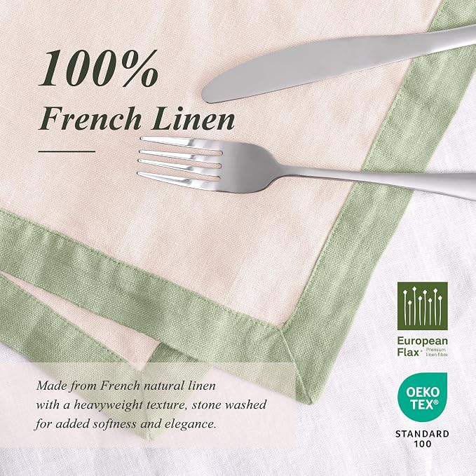 Linen World 100% French Linen Placemats Set of 4,21 x 15 Inch Double Layer Table Mats,Washable Heavyweight Placemats for Holiday Dining Kitchen Decor,Blush Pink with Sage Green Contrast Border - Image 3