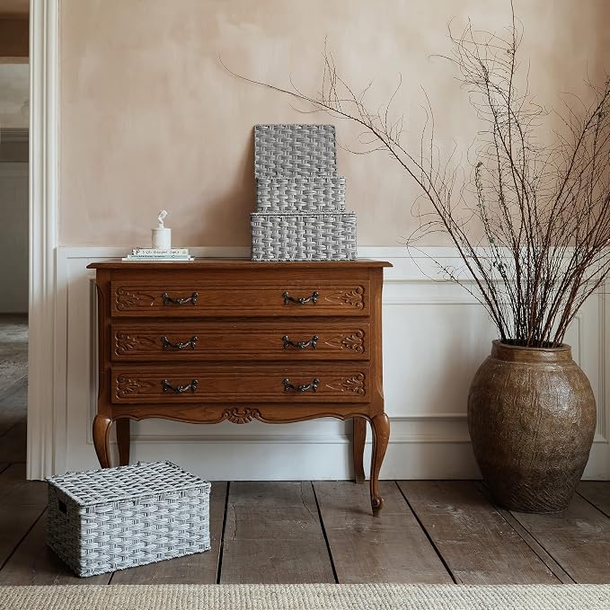 Granny Says Wicker Basket With Lid, Wicker Storage Baskets For Shelves | Woven Baskets With Lids, Wicker Baskets For Storage, Decorative Storage Boxes, Woven Stackable Basket with Lid for Organizing - Image 7