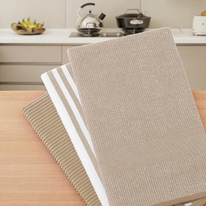 Homaxy Cotton 380 GSM Premium Kitchen Towels, 18"x 28", 3 Pack, Khaki | Soft and Absorbent Terry Dish Towels, Multipurpose Tea Towel Set with Hanging Loop, 3 Styles Kitchen Hand Towels - Image 7