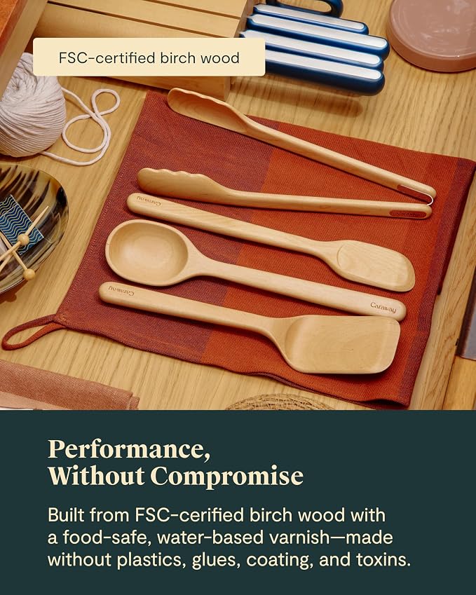 Caraway 4-Piece Mini Wooden Kitchen Utensils Set for Cooking | Serving, and Plating, Spoon, Scraper, Spatula, and Tongs - Image 4