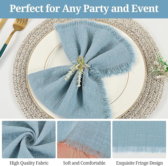 50 Pack Dusty Blue Cloth Napkins, 16 x 16 Inch Cotton with Fringe Settings | Handmade washable reusable cotton dinner napkins in bulk for weddings, parties, rustic boho table settings - Image 5