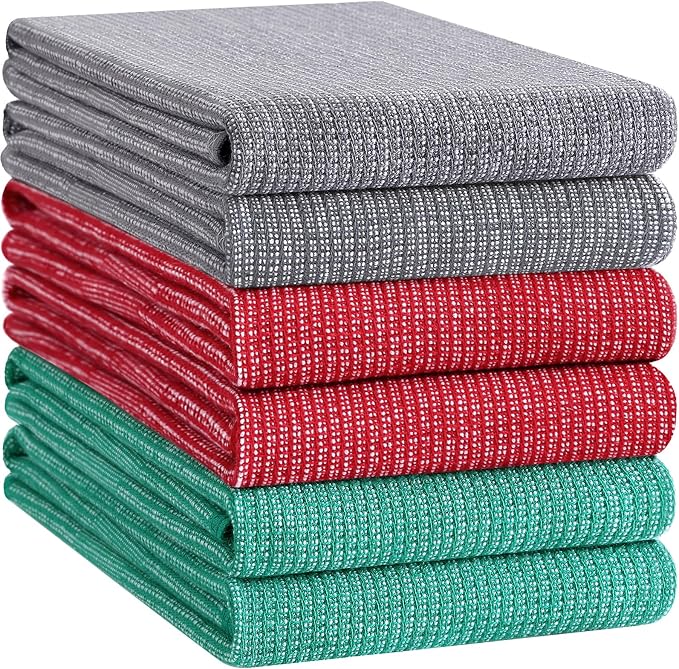 Homaxy 380 GSM Cotton Premium Kitchen Towels 6 Pack, 18"x 28", Mix | Flat and Terry Dish Towels, Highly Absorbent Tea Towel Set with Hanging Loop, Soft Kitchen Hand Towels, Grey/Red/Green - Image 8