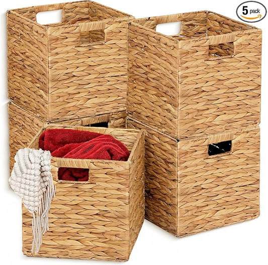 11x11in Wicker Storage Baskets Set of 5 Collapsible Water Hyacinth Basket | for Organizing,Handwoven Woven Bins for Bedroom,Living Room,Shelves - Natural by HOYCYA6