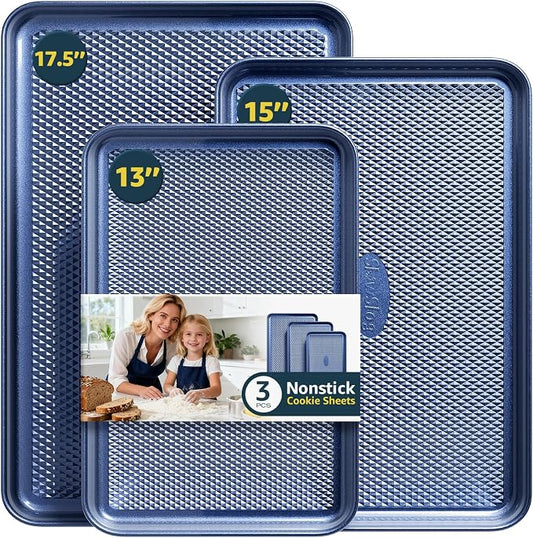 3Pcs Nonstick Baking Sheet, Baking Sheet Pan Set with Diamond Texture, Blue | Large Nonstick Cookie Sheets Set, Jelly Roll Pans, Cookies Sheet for Baking, Cookie Sheet Pan by SlowSLog