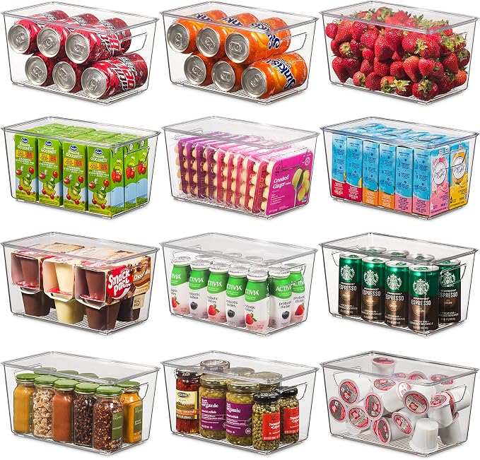 Set Of 12 Refrigerator Organizer Bins with Lids - Plastic Pantry Organization and Storage Baskets - Stackable Food Fridge Organizers with Cutout Handles for Freezer, Kitchen, Countertops, Cabinets by Seseno