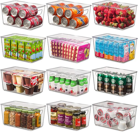 Set Of 12 Refrigerator Organizer Bins with Lids - Plastic Pantry Organization and Storage Baskets - Stackable Food Fridge Organizers with Cutout Handles for Freezer, Kitchen, Countertops, Cabinets by Seseno