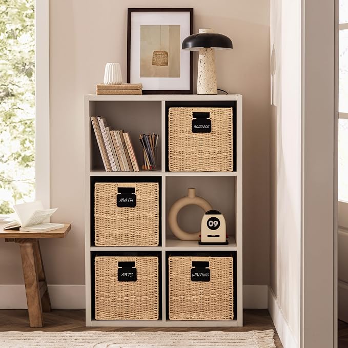 UBBCARE 4 Pack Wicker Basket, 12×12 Storage Cubes with Label, Foldable Cube Storage Bin with Handle, Square Storage Basket for Shelves, Woven Paper Rope Basket for Organizing, Light Brown - Image 4