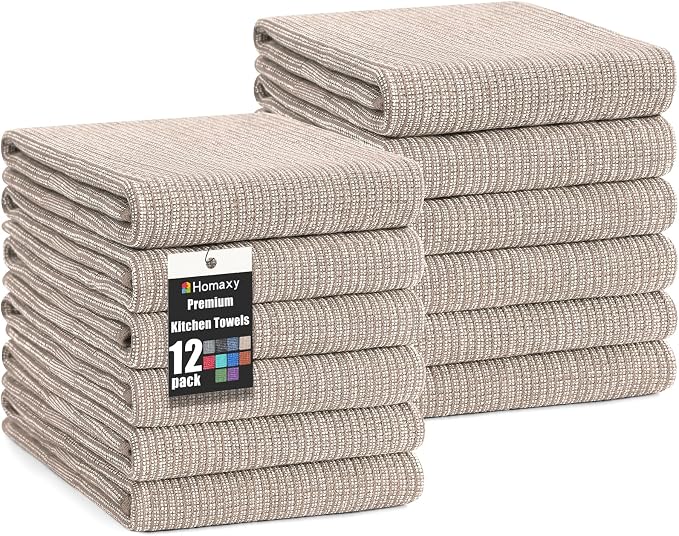 Homaxy 380 GSM Cotton Premium Kitchen Towels 12 Pack, 18"x 28", Khaki | Flat and Terry Dish Towels, Highly Absorbent Tea Towel Set with Hanging Loop, Soft Utility Kitchen Hand Towels by Homaxy
