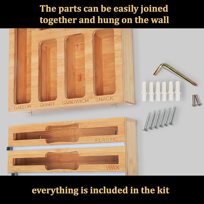 9 in 1 Bamboo Drawer Organizer for Kitchen — Zip Top Bag, Foil and Plastic Wrap Storage with Chalkboard Labels, Fits Gallon Quart Sandwich Snack Bags, Pantry Organization - Image 6