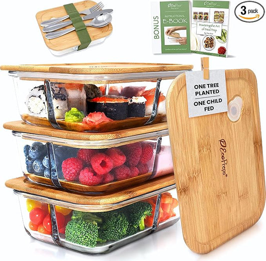 Glass Bento Box Containers with Bamboo Lids, 3 Compartment Glass Meal Prep Containers (3 Pack) - 100% Plastic Free, Eco-Friendly Lunch Container Set, Bamboo Lid Bento Boxes for Adults by EcoPreps