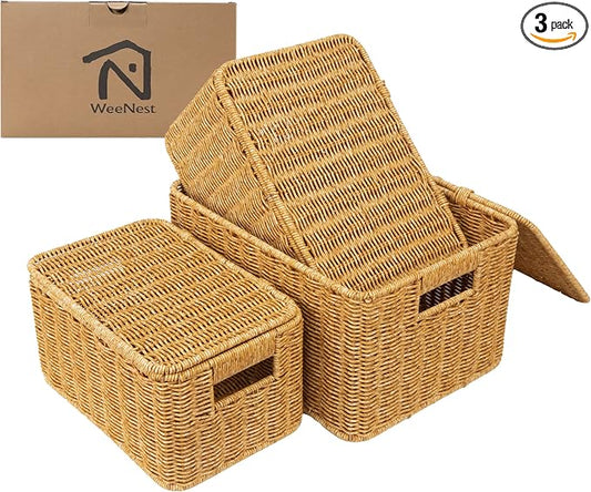 WeeNest Baskets with Handles, Wicker Storage, Shelf Boxes for Organizing, Stackable Woven Bins, Decorative Lidded Resin, Set of 3, Amber by WeeNest