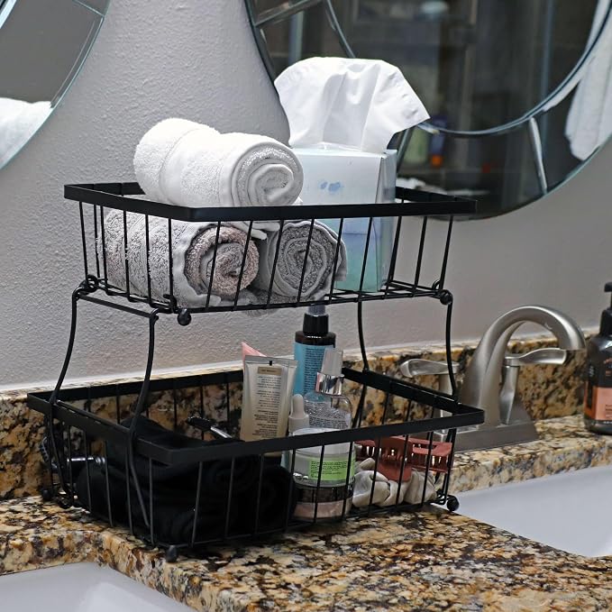 Sunnydaze 2-Tier Metal Wire Fruit Basket for Kitchen Counter - Black | Collapsible for Easy Storage - Iron with Food-Safe, Powder-Coated Finish - 10 lb Weight Capacity - Image 5