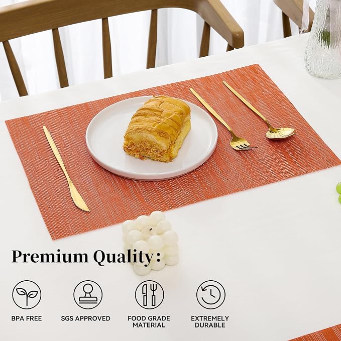 Leetaltree Orange Placemats Set of 12 - Heat Resistant Non-Slip Place mats for Dining Table, Washable Durable PVC Vinyl Woven Table Mats（Orange, 12） - Image 2