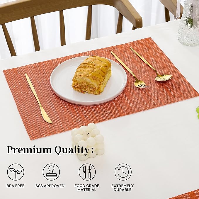 Leetaltree Orange Placemats Set of 6 - Heat Resistant Non-Slip Place mats for Dining Table, Washable Durable PVC Vinyl Woven Table Mats（Orange, 6） - Image 2