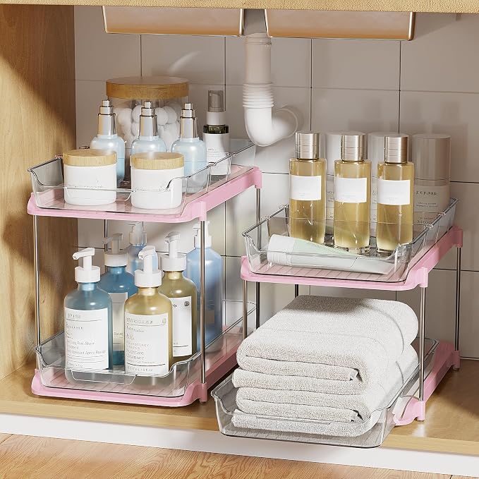 Delamu 2-Tier Multi-Purpose Bathroom Under Sink Organizers and Storage, Stackable Kitchen Pantry Organization, Pull Out Medicine Cabinet Organizer with Movable Dividers, Pink, 2 Pack - Image 6