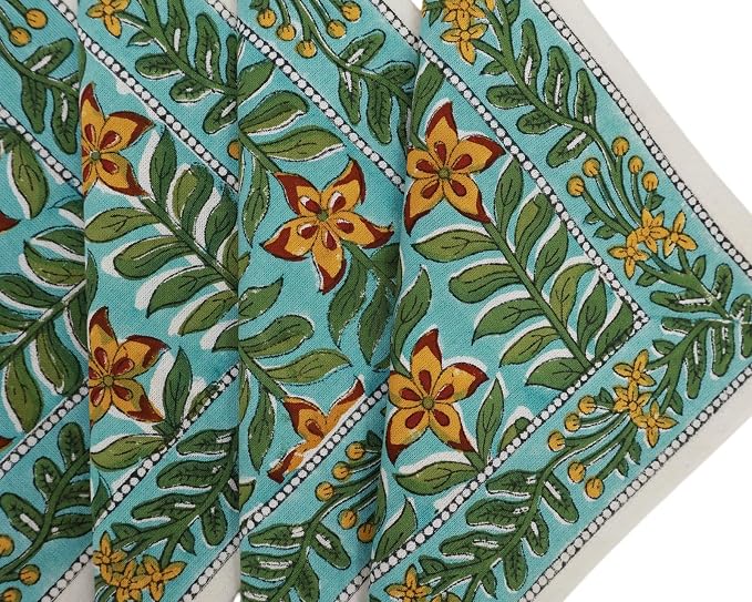 14x14 Inches Cotton Napkins Set of 4, Yellow Green, Washable Hand Block Printed Reusable Cloth Napkins for Dinning, Party, Wedding, Home Decor Fall - Image 5