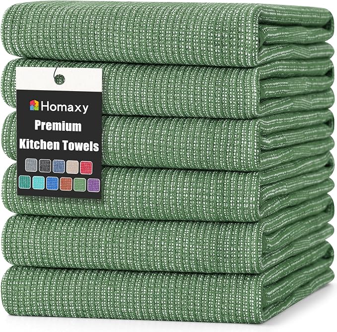 Homaxy 380 GSM Cotton Premium Kitchen Towels 6 Pack, 18"x 28", Grass Green | Flat and Terry Dish Towels, Highly Absorbent Tea Towel Set with Hanging Loop, Soft Utility Kitchen Hand Towels by Homaxy