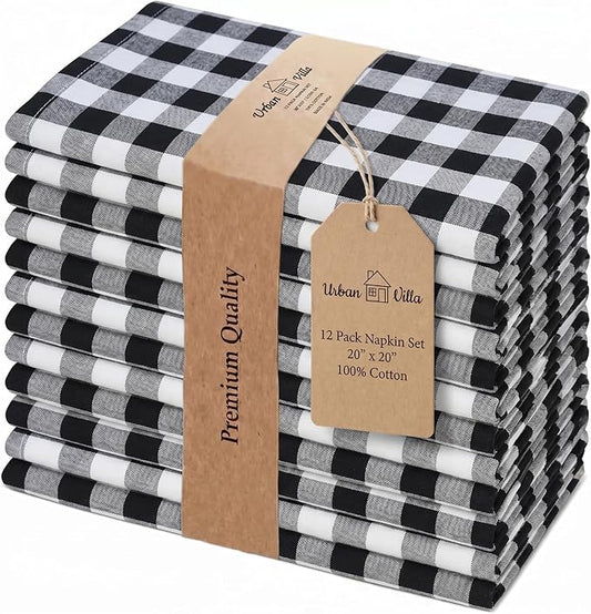 Urban Villa Cloth Napkins Cotton 20x20 (Set of 12) Black Cheks by CottonTrends