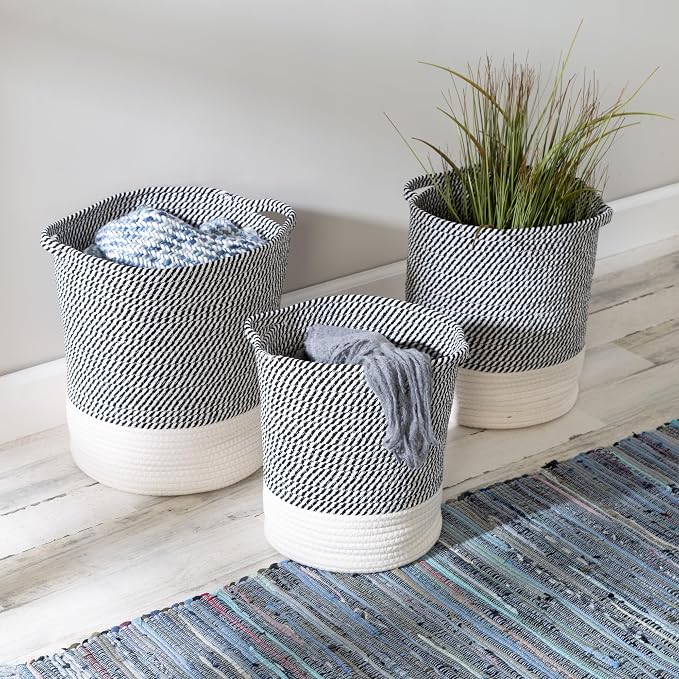 Honey Can Do Set of 3 Two-Tone Cotton Rope Baskets for Storage & Organization, Grey/White STO-09536 Grey - Image 2