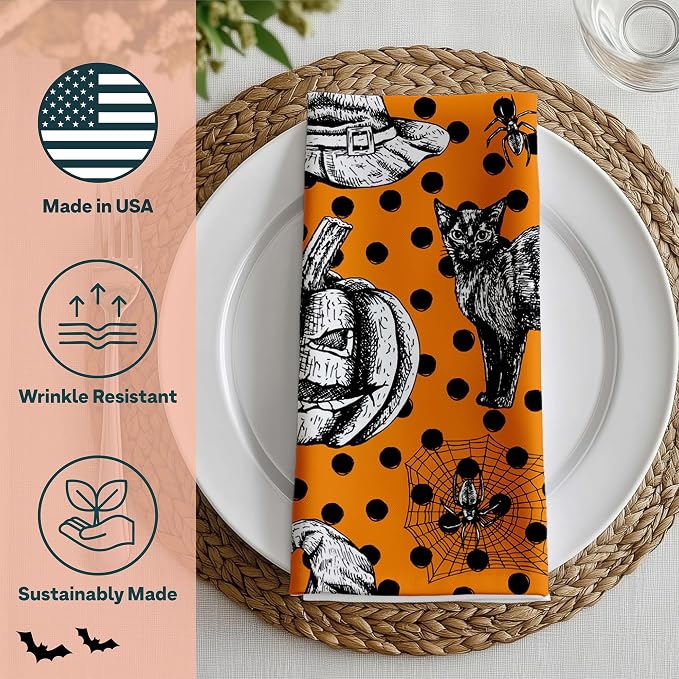 Halloween Cloth Napkins | Black Cat Spiders Spiderweb Pumpkin Table Decor | Home Dining Room and Kitchen | Absorbent, Washable, Reusable, Stain & Wrinkle Resistant | USA Made - 10pack - Image 3
