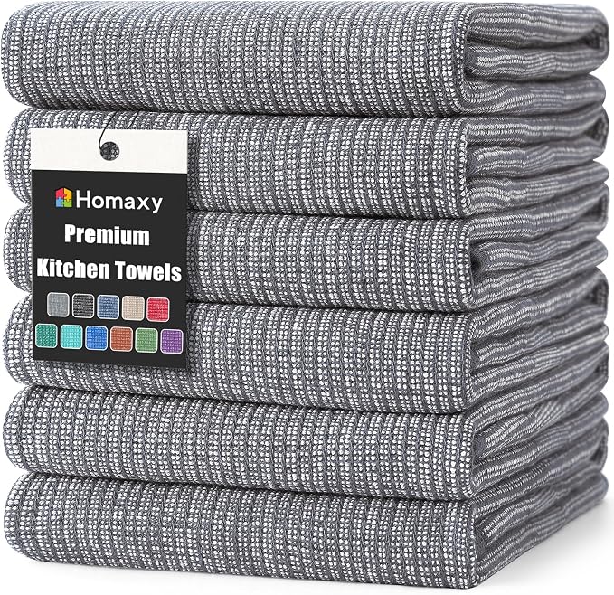 Homaxy 380 GSM Cotton Premium Kitchen Towels 6 Pack, 18"x 28", Grey | Flat and Terry Dish Towels, Highly Absorbent Tea Towel Set with Hanging Loop, Soft Utility Kitchen Hand Towels by Homaxy