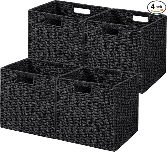 UBBCARE 4 Pack Wicker Basket, 11L×11H×10.5W inch Woven Paper Rope Storage Baskets for Shelves, Foldable Cube Storage bin with Handle, Storage Basket for Organizing & Decor, Black by UBBCARE
