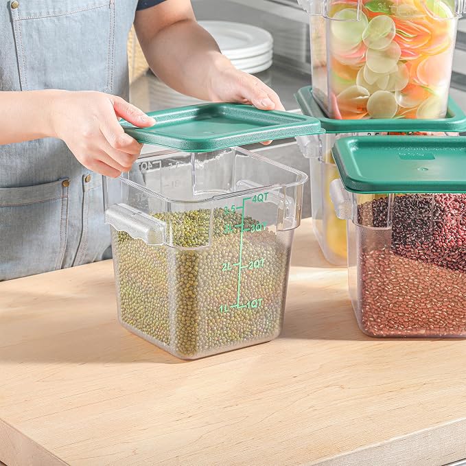 4 Pack 4 QT Food Storage Containers with Green Lids Hot Cold Resistant Stackable Square Commercial Container Set with Handle, Clear Scarle Home Party Business BPA-Free Polycarbonate - Image 2