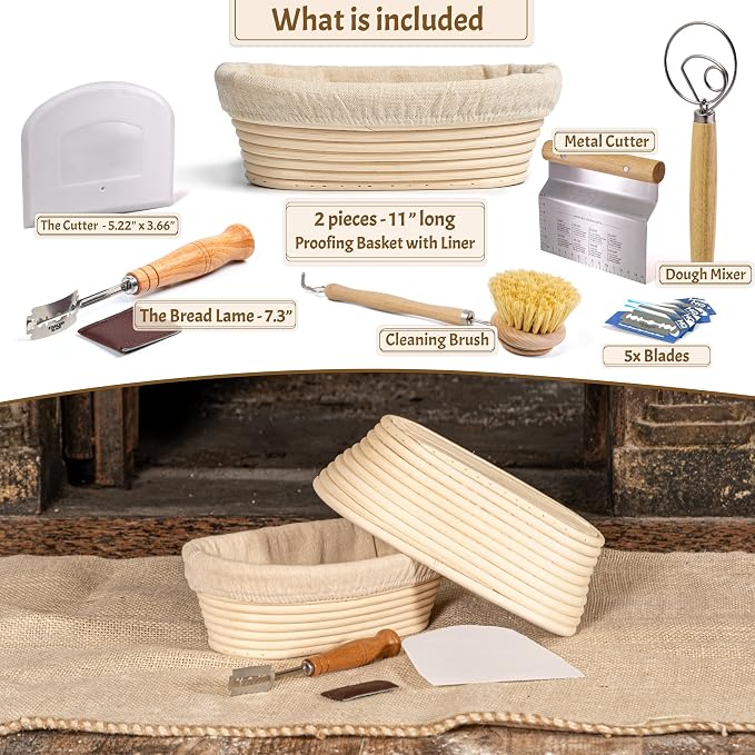 11" Oval Banneton Proofing Basket Set of 2 - Sourdough Starter Kit with Bread Lame, Danish Whisk, Metal & Bowl Scrapers, Cleaning Brush - Professional Artisan Baker Gift Set - Image 2