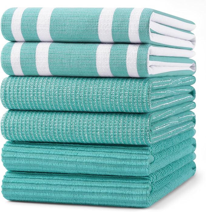 Homaxy Cotton 380 GSM Premium Kitchen Towels, 18"x 28", 6 Pack, Teal | Soft and Absorbent Terry Dish Towels, Multipurpose Tea Towel Set with Hanging Loop, 3 Styles Kitchen Hand Towels by Homaxy