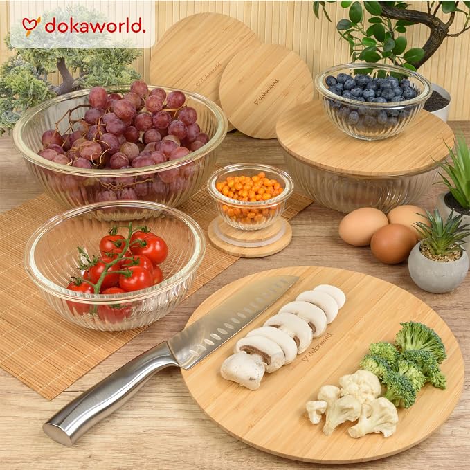 Stackable Space-Saving Set of 5 Nesting Glass Bowls with Bamboo Lids for Foodprep, Storage, Baking, Mixing & Cooking, Microwave & Oven Safe BPA Free Heat Resistant Inert Borosilicate Glass - Image 8