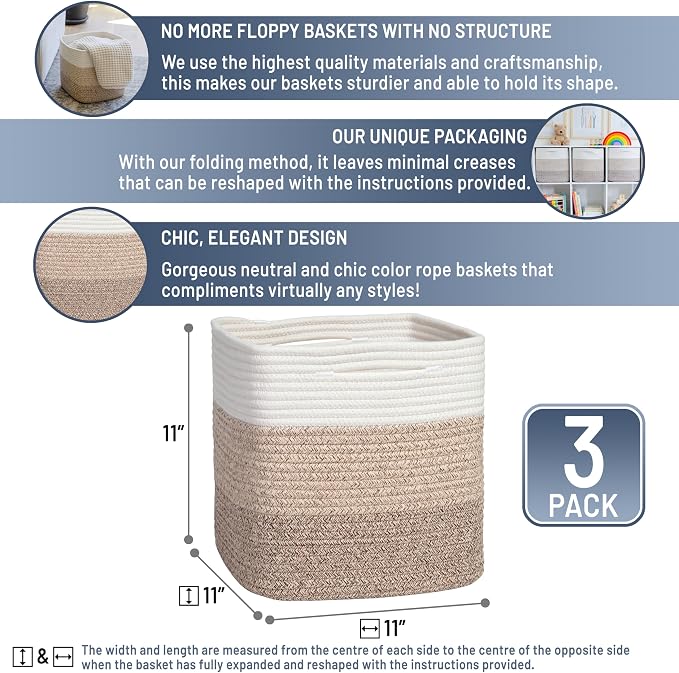 NaturalCozy Storage Cubes 11 Inch Cotton Rope Woven Baskets for Organizing, 3-Pack | Cube Storage Bin | Square Storage Baskets for Shelves Organizer, Classroom, Kids Toy Bins, Closet, Baby Nursery - Image 2