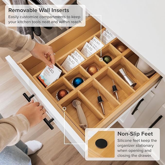 Tea Bag & Coffee Pod Organizer, Small, Bamboo | 9-compartment design, removable wall inserts, non-slip feet, sustainable bamboo - Image 6
