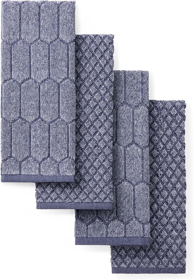 Martha Stewart Honeycomb Chambray Textured Kitchen Towel 4-Pack Set, 100% Cotton with Absorbent Terrycloth, Decorative Kitchen Towels, Navy Blue, 16"x28" by MarthaStewart