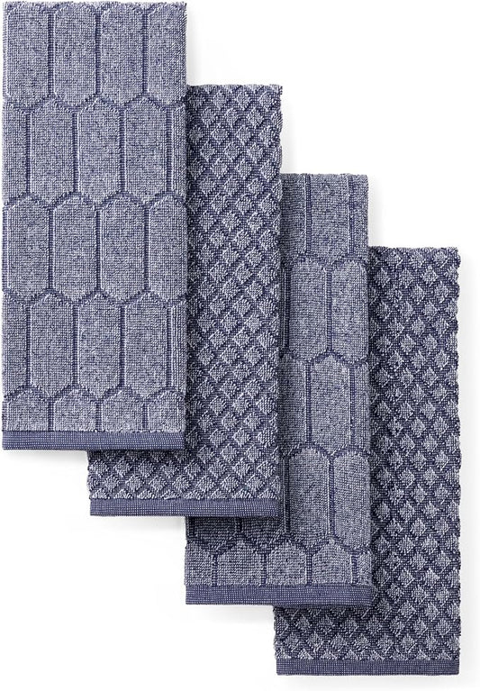Martha Stewart Honeycomb Chambray Textured Kitchen Towel 4-Pack Set, 100% Cotton with Absorbent Terrycloth, Decorative Kitchen Towels, Navy Blue, 16"x28" by MarthaStewart