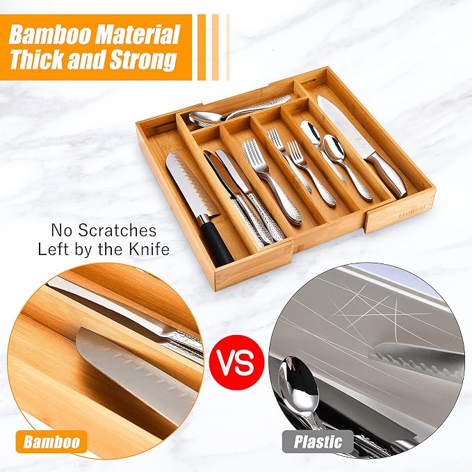 Silverware Organizer Kitchen Drawer Organizer Expandable Bamboo Utensil Holder Cutlery Tray for Kitchen Utensil and Flatware Bedroom Office - Image 4