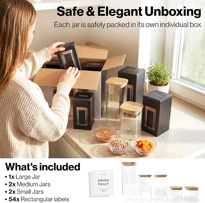Glass Pantry Storage Jars Containers with Bamboo Lids and Labels - Set of 5 | Extra Thick Square Glass Canisters with Bamboo Wood Lids and 54 Pre-printed Pantry Labels keeps dry Goods Fresh and Organized - Image 9