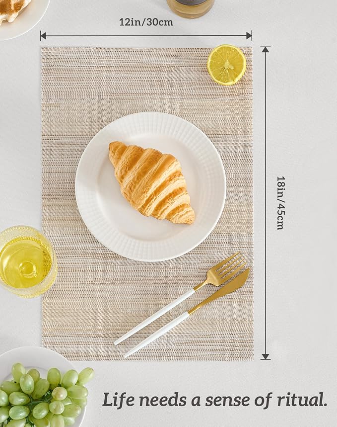 Leetaltree Lightsteel Beige with Yellow Placemats Set of 6 - Heat Resistant Non-Slip Place mats for Dining Table, Washable Durable PVC Vinyl Woven Table Mats (Lightsteel Beige with Yellow, 6) - Image 7
