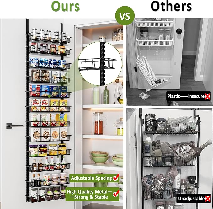 Churboro 12 Tier Over Door Pantry Organizer, 2-in-1 Adjustable Spice Rack | Pantry Door Organizers and Storage, Hanging or Wall Mount Spice Rack, Sturdy Metal Shelves with 12 Adjustable Baskets, Black - Image 4