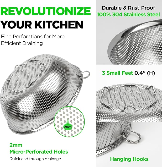 Premium 18/8 304 Stainless Steel Micro-Perforated Small and Big Colander Set of 4 with rings - 3.5-5.5-7.5-9.5 Quart Set, Self-Draining Solid Base for Pasta, Fruits, Vegetables - Image 3
